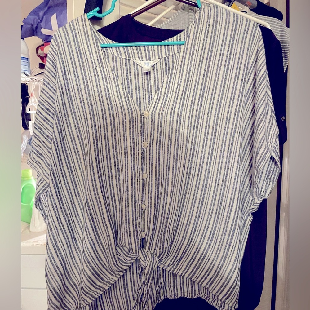 Time and Tru Blue and White Oversized Striped Cropped Blouse